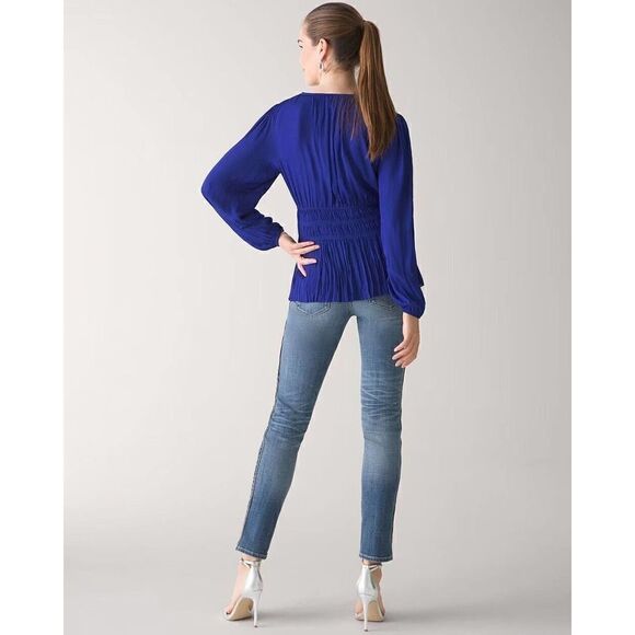 White House Black Market Petite XL Long-Sleeve Fitted Waist Blouse Blue V/neck - Picture 8 of 8